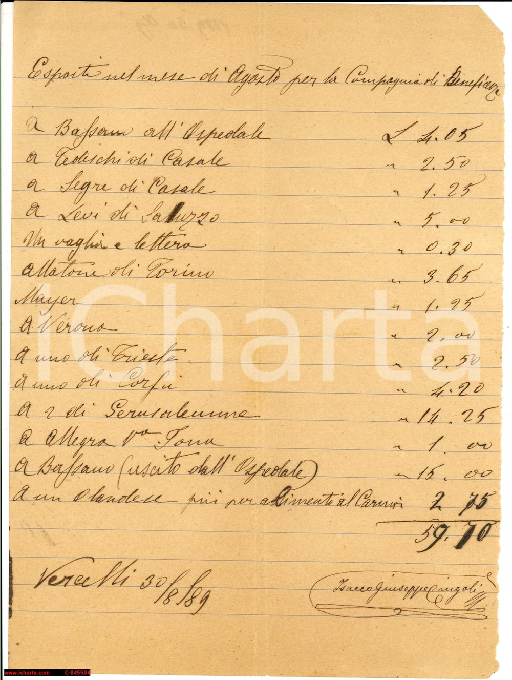 Documento originale, autentico 1889 VERCELLI assistiti Compagnia Beneficenza CINGOLI 1