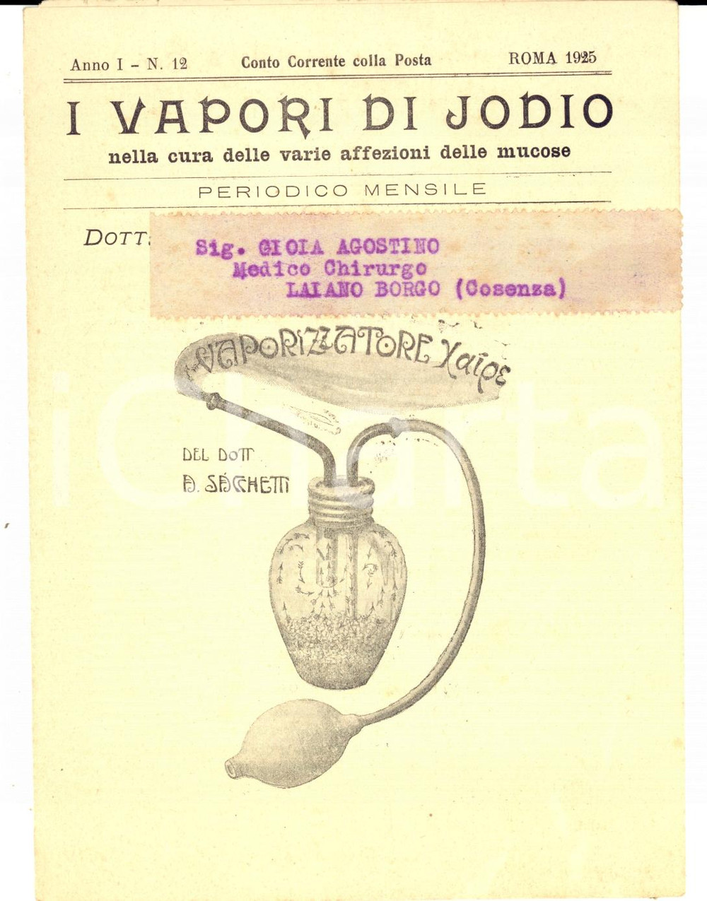 Materiale pubblicitario d’epoca 1925 ROMA I vapori di jodio Rivista anno I n° 12 Vaporizzatore CHAIRE 1