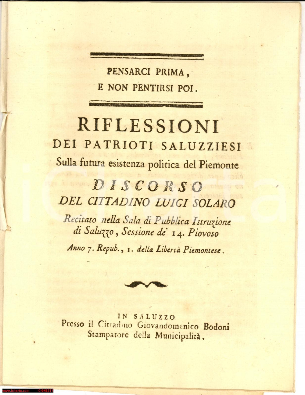 Libro, pubblicazione d'epoca 1799 SALUZZO (CN) Luigi SOLARO Riflessioni dei patrioti 1