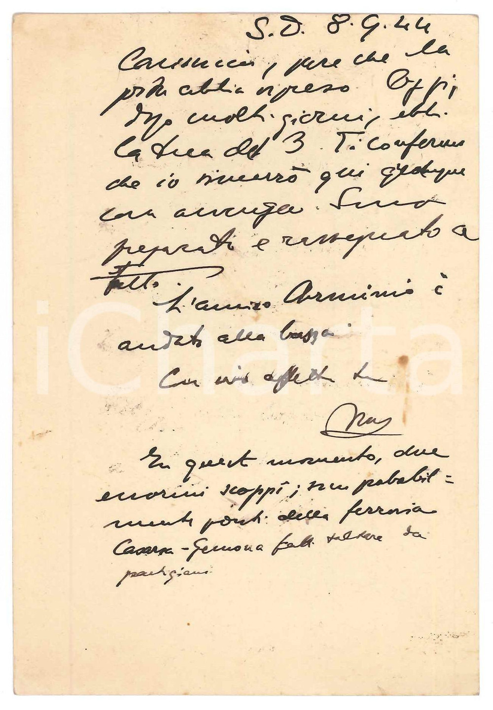 Autografo originale 1944 SAN DANIELE DEL FRIULI Vincenzo MANZINI rassegnato a tutto AUTOGRAFO 1