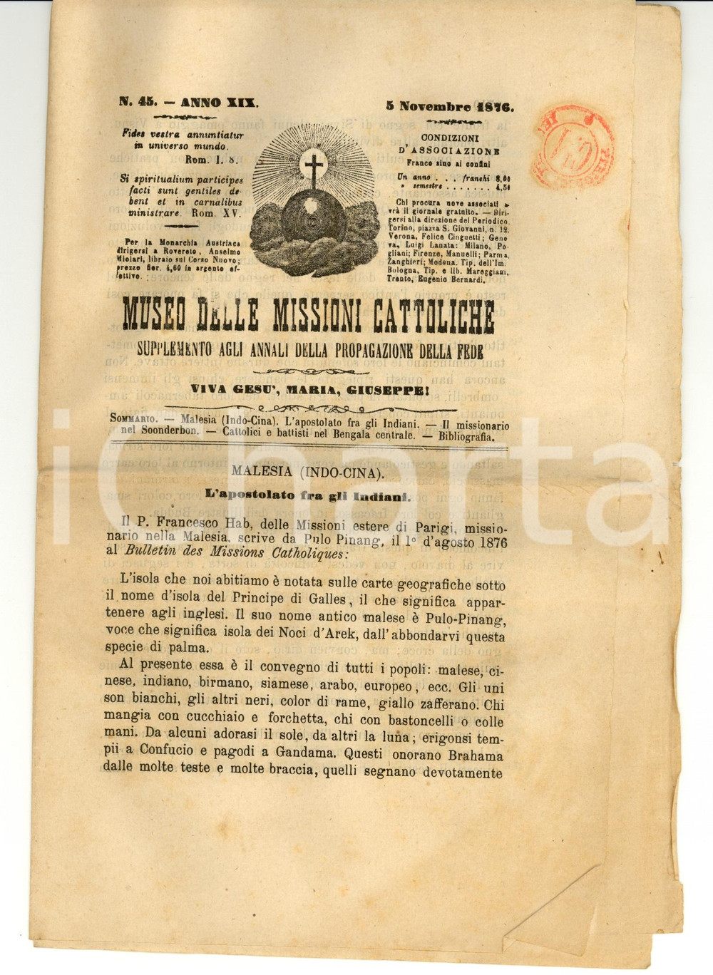 Giornale, rivista storica 1876 TORINO Museo delle MISSIONI CATTOLICHE Anno XIX nÂ° 45 *Periodico 1
