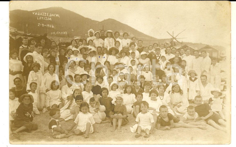 Fotografia d'epoca originale 1914 VARAZZE (SV) BAGNI LETIZIA Villeggianti e bambini in spiaggia *Foto PIPINO 1