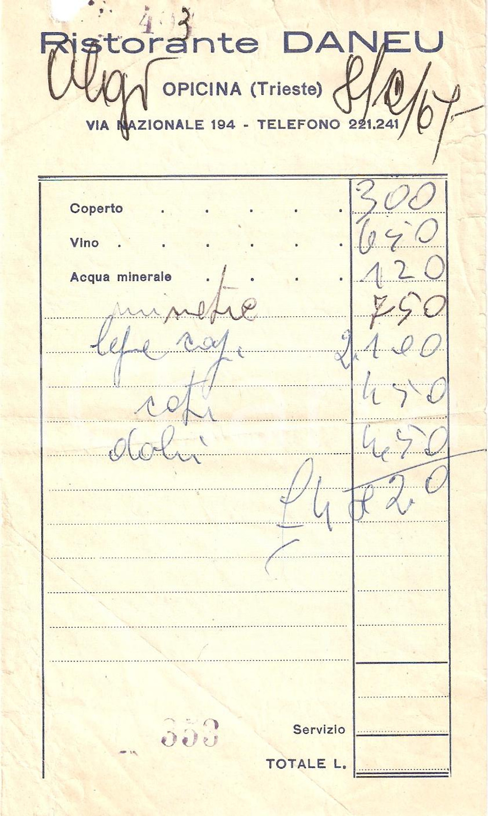 Materiale pubblicitario d’epoca 1967 TRIESTE Frazione OPICINA Ristorante DANEU *Ricevuta 1