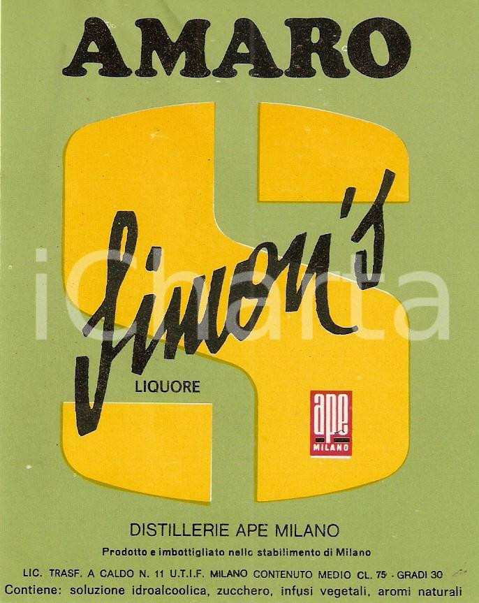 Materiale pubblicitario d’epoca 1970 ca MILANO Distilleria APE Amaro SIMON S Liquore Etichetta 1