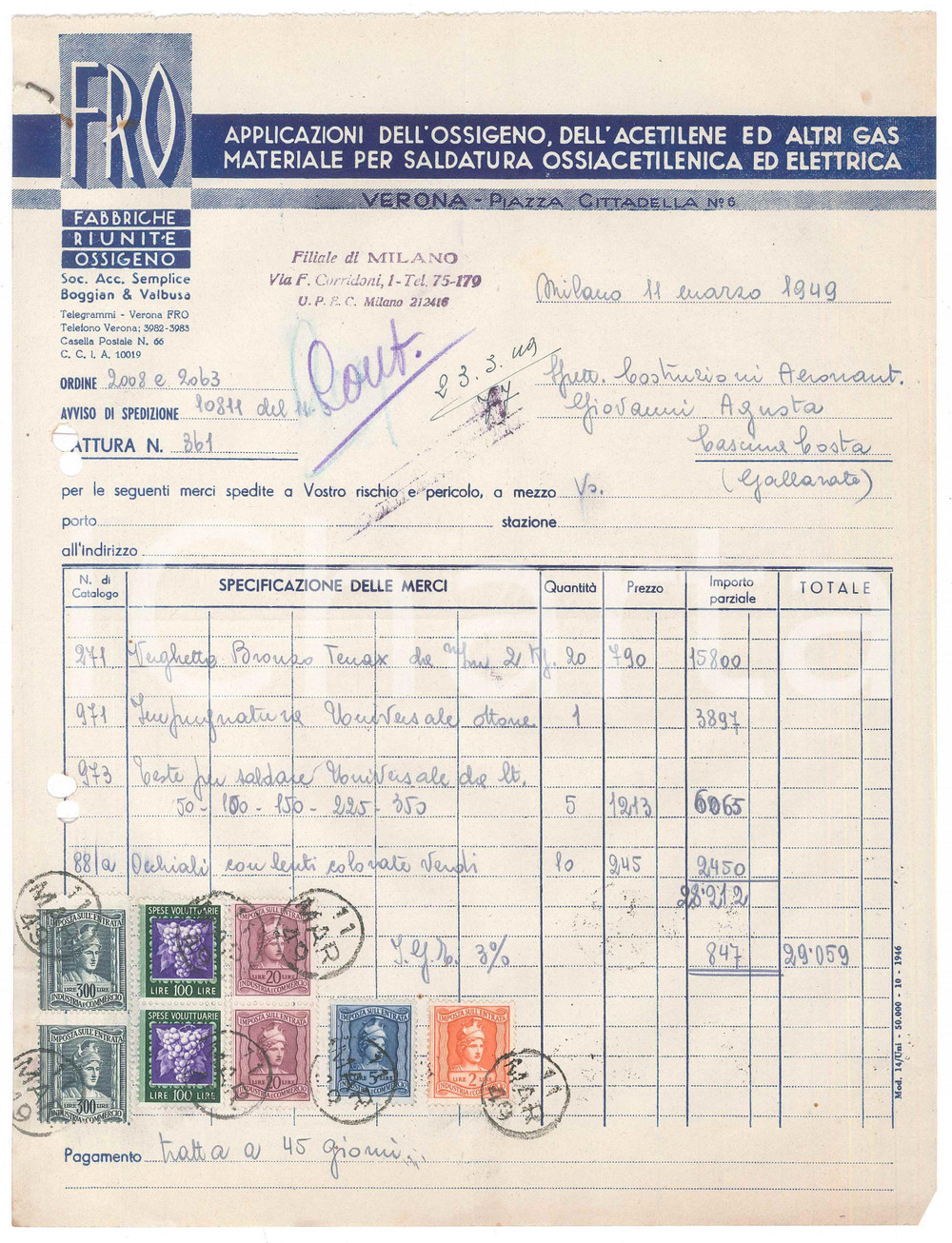 Documento originale, autentico 1949 MILANO Via Corridoni 1  FRO Fabbriche Riunite Ossigeno  Fattura 1