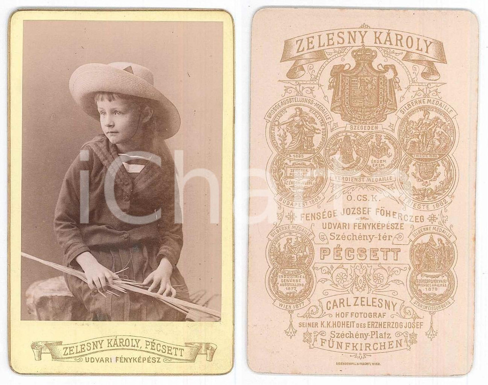 Fotografia d epoca originale 1900 ca PECS HUNGARY Young girl in a straw hat Photo Karoly ZELESNY CDV 1