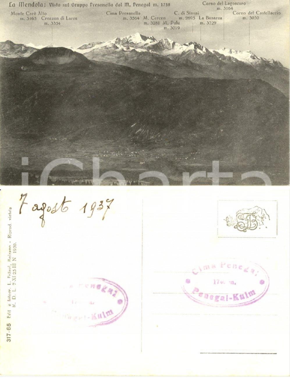 Cartolina originale da collezione 1937 RUFFRE MENDOLA TN Gruppo della PRESANELLA visto dal monte PENEGAL FP NV 1