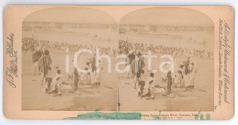 Fotografia d epoca originale 1896 CALCUTTA INDIA Ganges River  Bathing scene  Stereo photo JARVIS 1