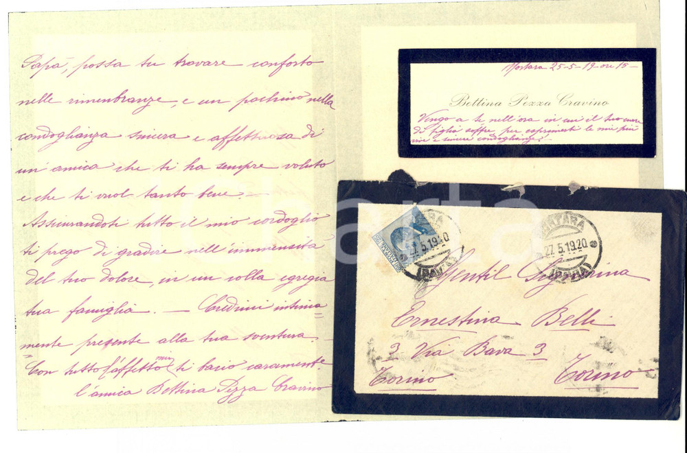Autografo originale 1919 MORTARA (PV) Lettera di condoglianze di Bettina PEZZA CRAVINO *AUTOGRAFA 1