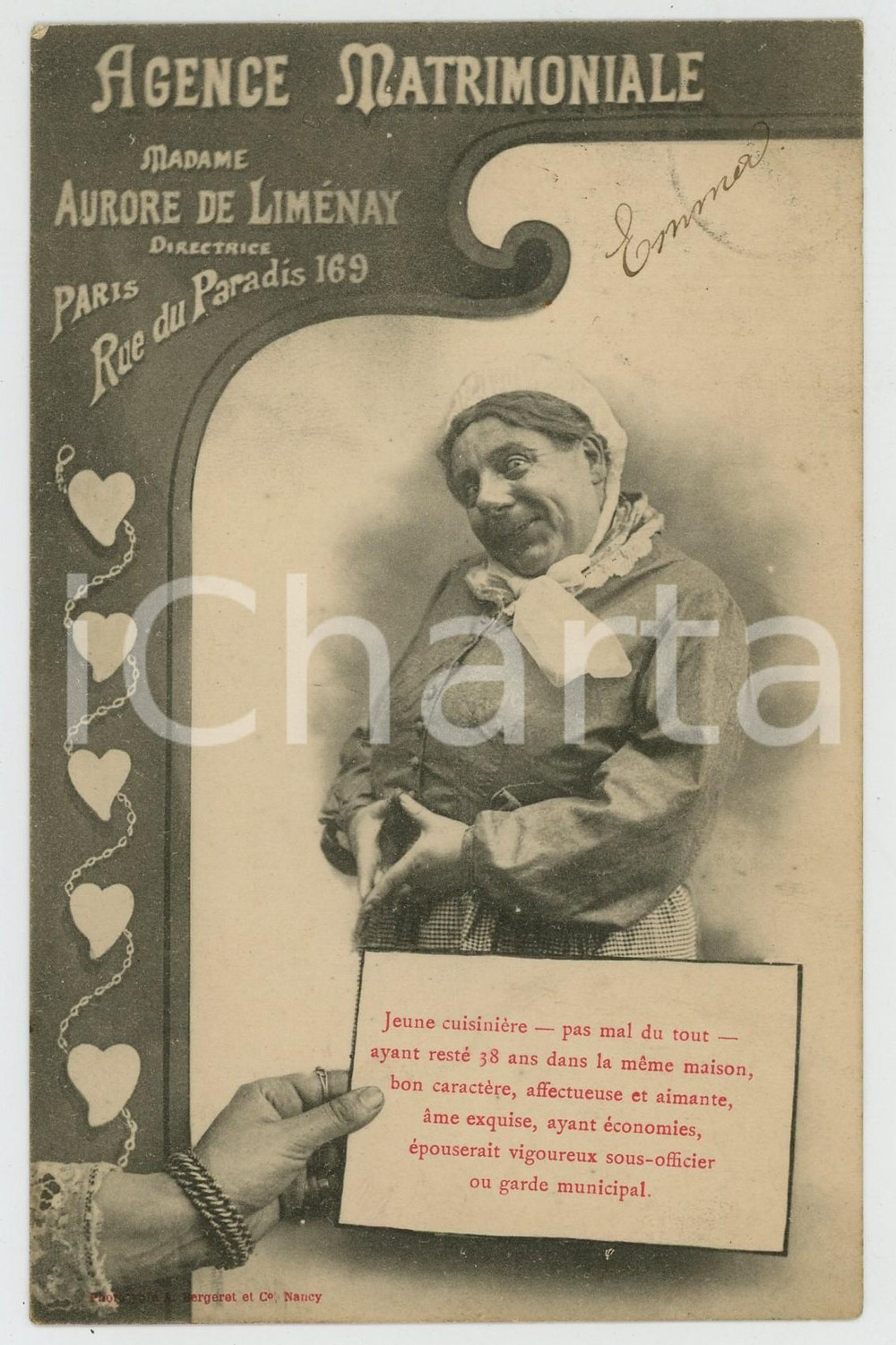 1903 PARIS Agence matrimoniale Aurore de LIMENAY - Carte postale cuisinière  Cartolina pubblicitaria, originale d'epoca, viaggiata. GOOD/buono  Formato: 14x9 cm originale e autentica 1