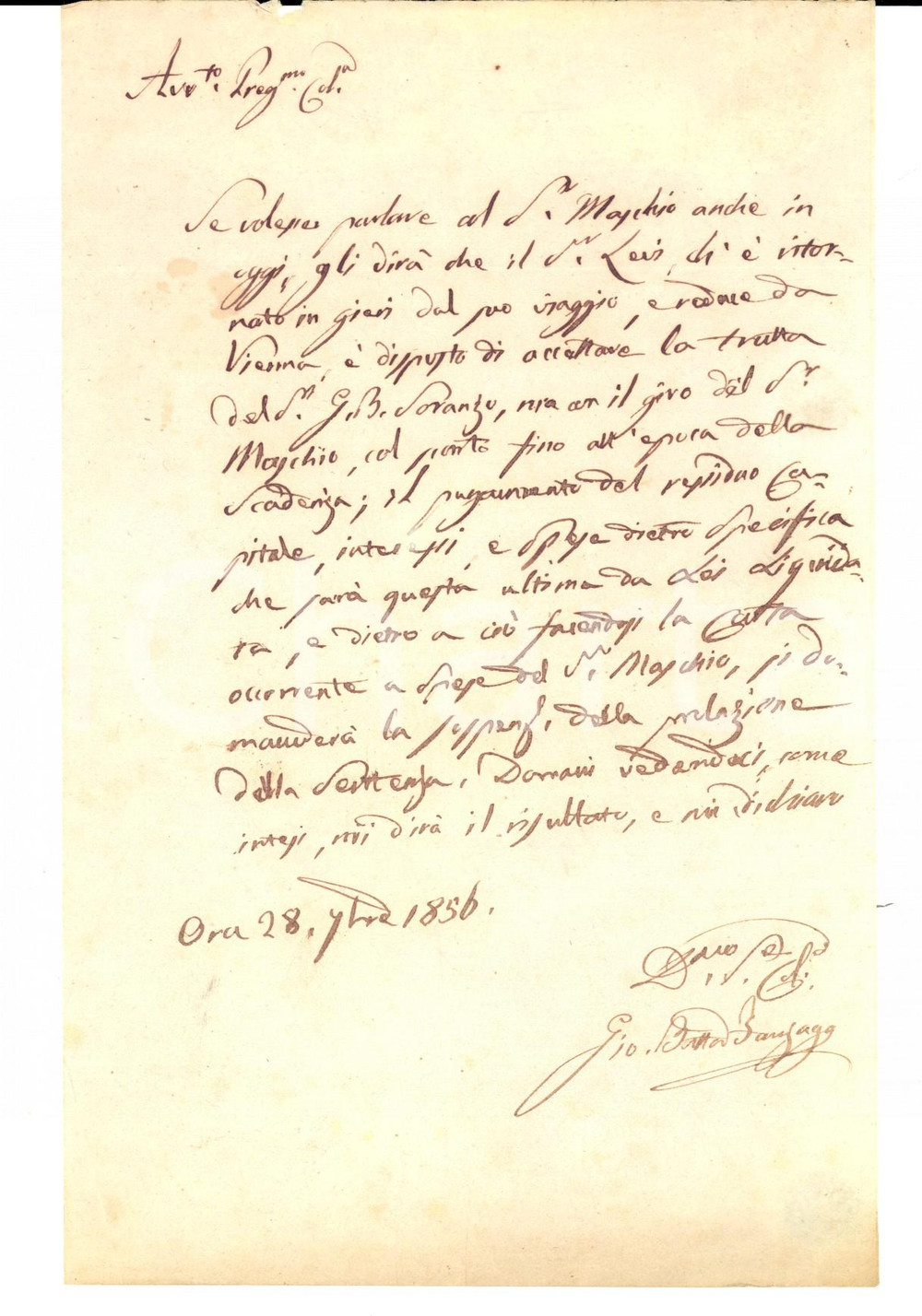 Documento originale, autentico 1856 PADOVA Avv. Giovanni Battista FANZAGO su saldo debito pro cliente Lettera 1