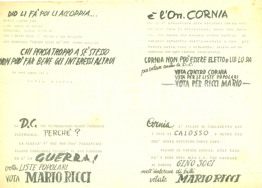 Materiale pubblicitario d’epoca 1951 PAVULLO NEL FRIGNANO MO Elezioni Mario RICCI partigiano vs Italo CORNIA DC 1