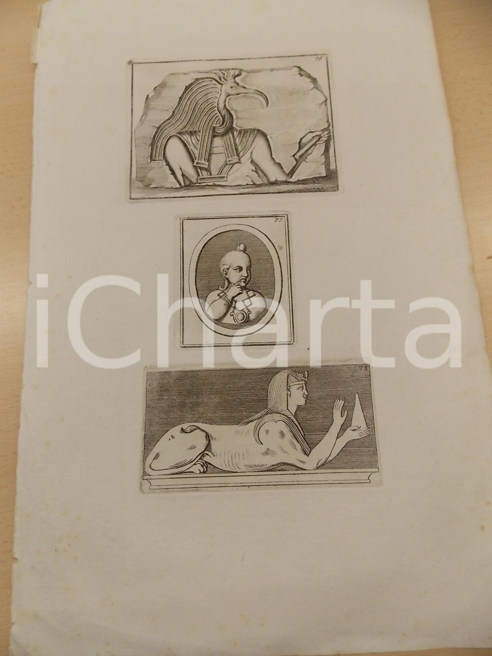 Stampa, bozzetto originale 1840 ca ARTE ANTICO EGITTO DivinitÃ  ANUBI e sfinge Stampa 27x42 cm 1