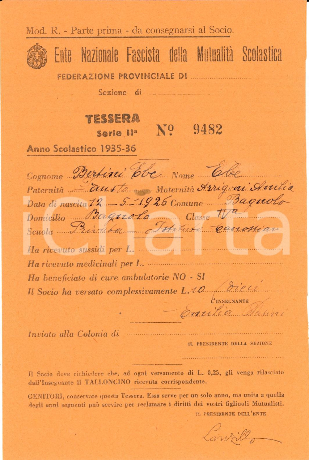 Oggetto da collezione cartaceo 1935 BAGNOLO PIEMONTE (CN) MutualitÃ  scol. Ebe BERTINI 1