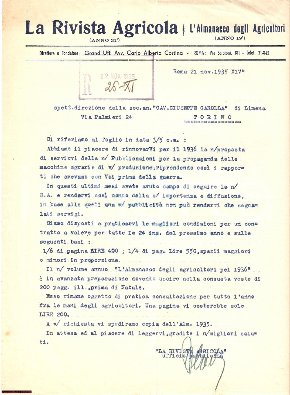 Documento originale, autentico 1935 TORINO Propaganda per macchine agricole GAROLLA 1