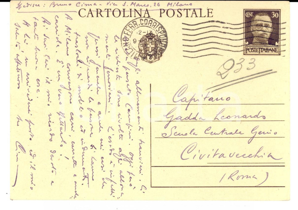 Autografo originale 1942 WW2 GENIO CIVILE MILANO Bruno CIMA in ufficio tra gli sfollamenti AUTOGRAFO 1