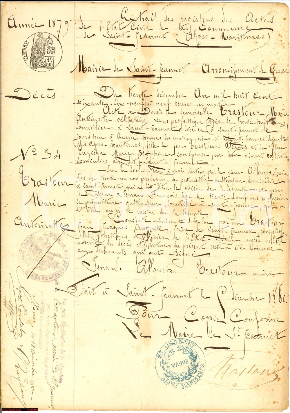 Documento originale, autentico 1879 SAINTJEANNET morte di una giovane nubile disoccupata Certificato 1