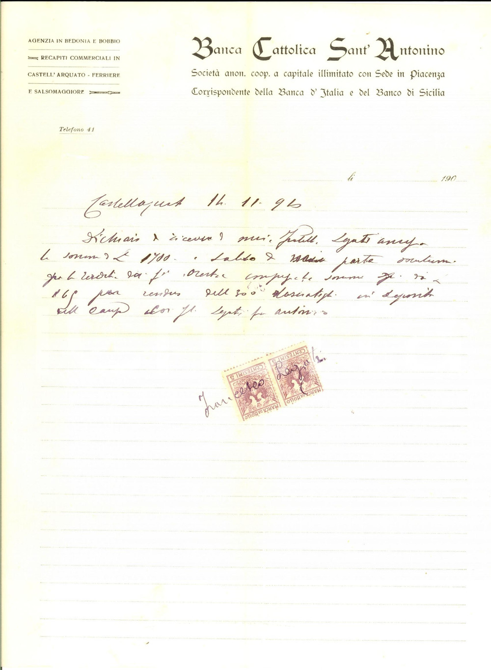 Documento originale, autentico 1910 CASTELL'ARQUATO (PC) Banca Cattolica SANT'ANTONINO *Ricevuta 1