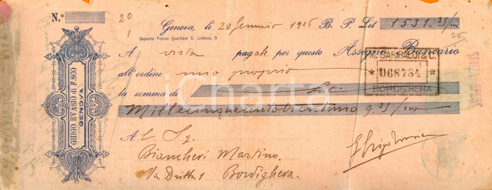 Oggetto da collezione cartaceo 1926 GENOVA Ditta GHIGO Evasio di Francesco  Deposito franco Assegno bancario 1