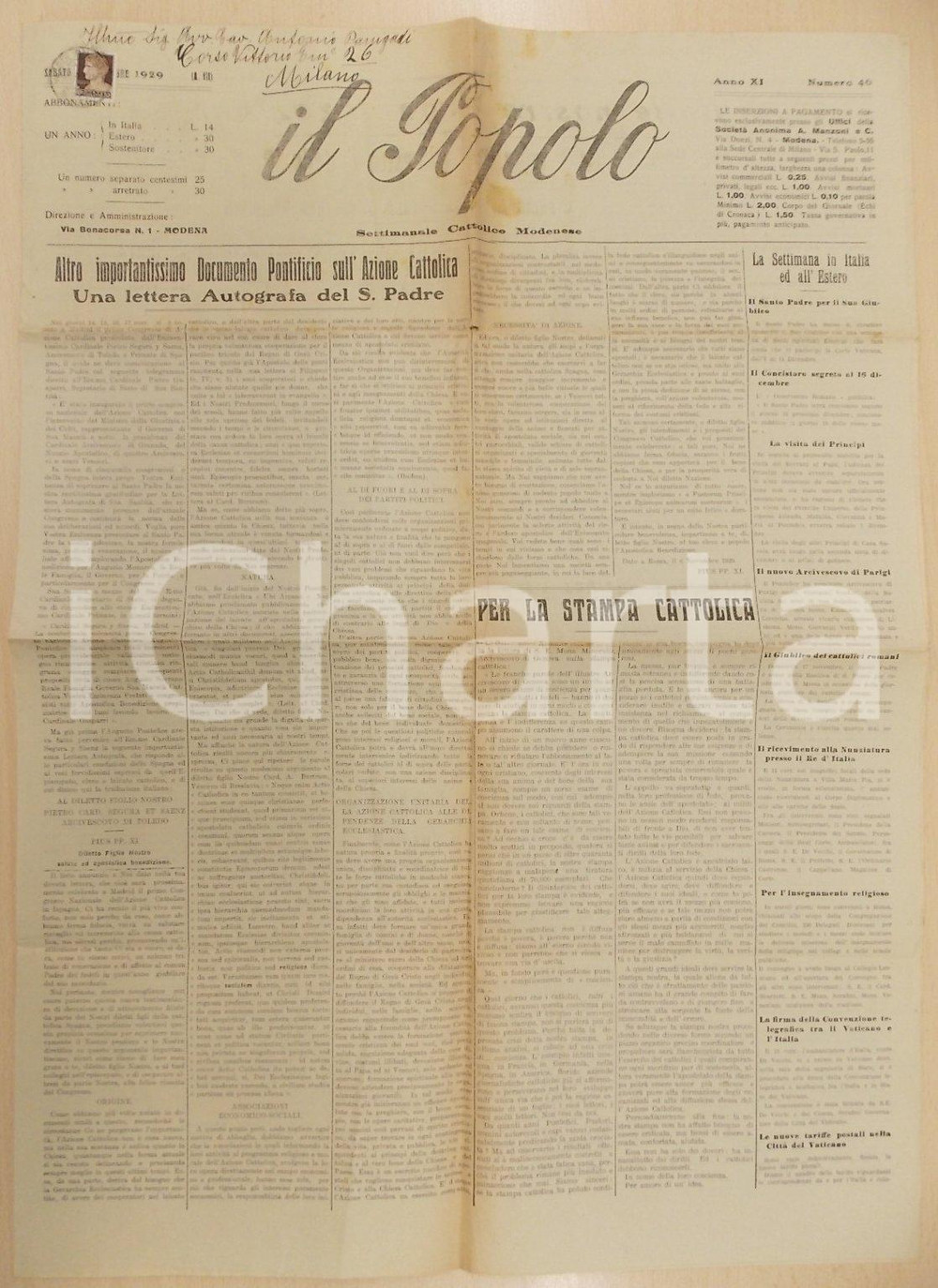 Giornale, rivista storica 1929 MODENA Giornale IL POPOLO Premiazione gara di cultura religiosa NONANTOLA 1