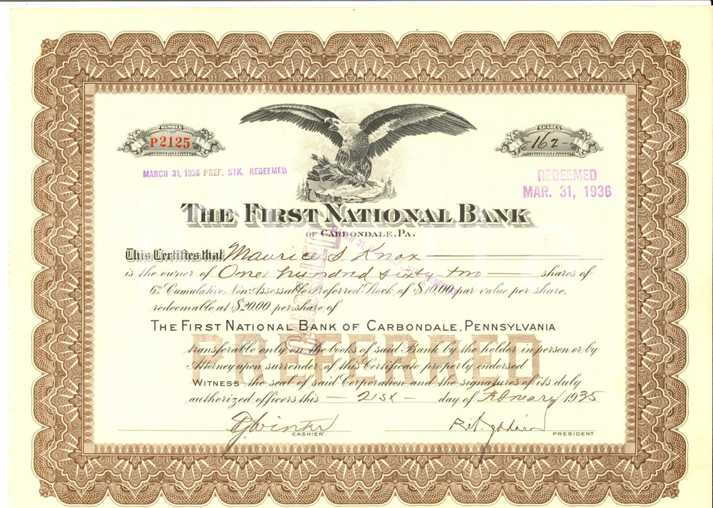 Oggetto da collezione cartaceo 1936 CARBONDALE PA, USA The  FIRST NATIONAL BANK Certificato azionario 1
