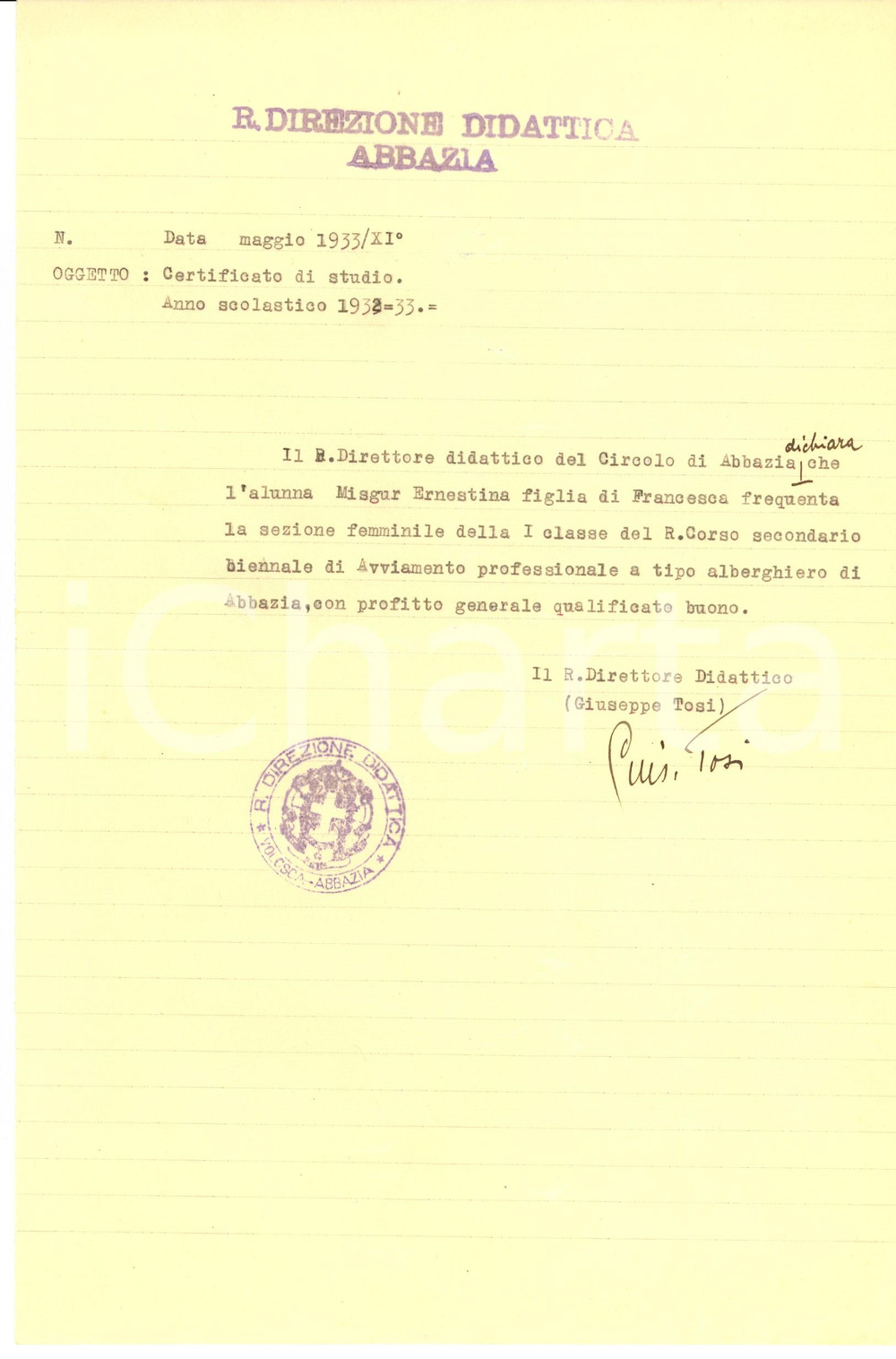 Oggetto da collezione cartaceo 1933 ABBAZIA OPATIJA HR Certificato scuola alberghiera 1