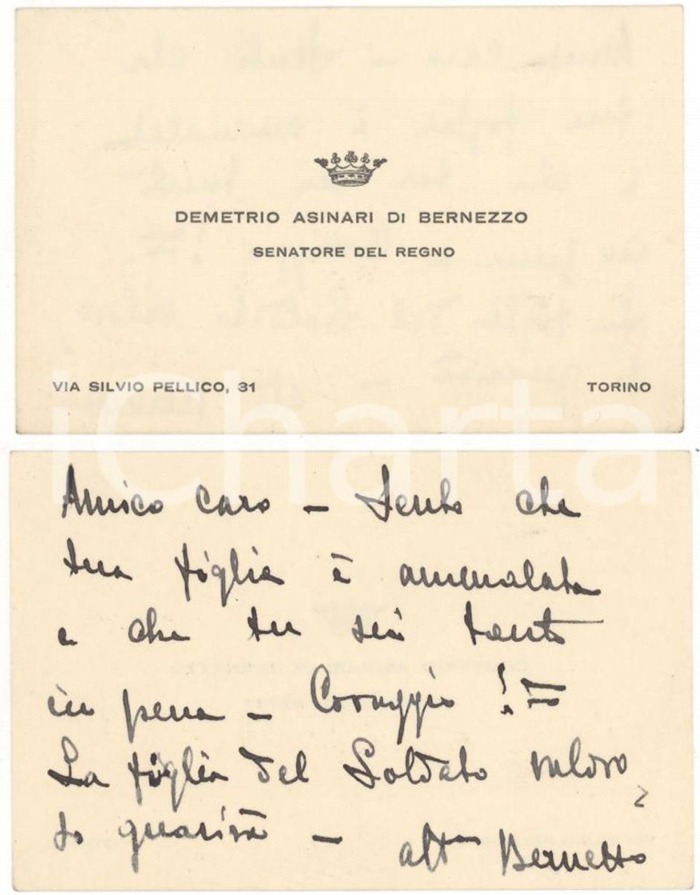 Autografo originale 1930 TORINO Autografo sen. Demetrio ASINARI DI BERNEZZO 1