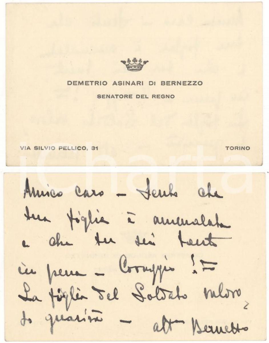 Autografo originale 1930 TORINO Autografo senatore Demetrio ASINARI DI BERNEZZO 1