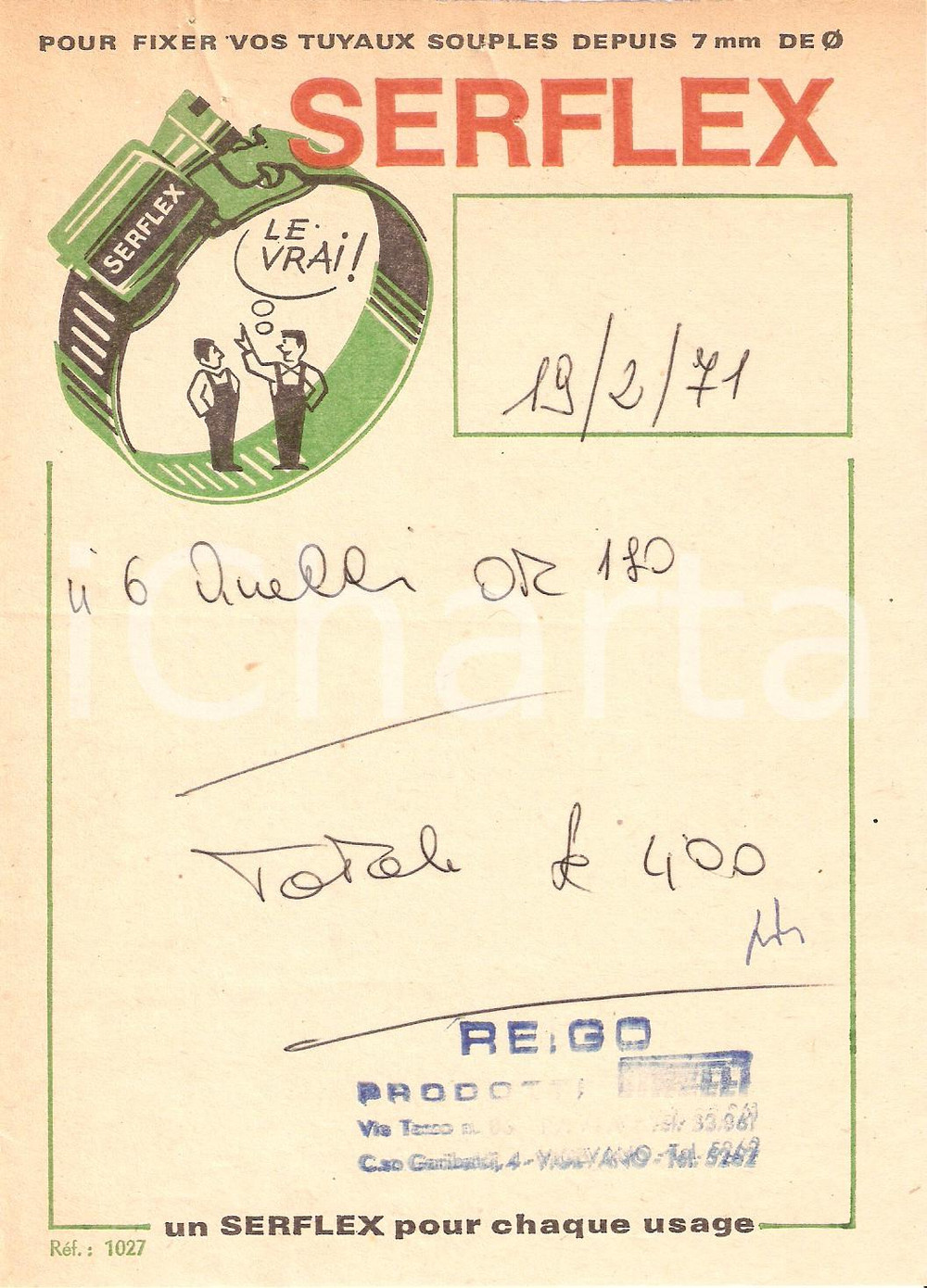 Materiale pubblicitario d’epoca 1971 PAVIA Ditta REGO Morsetti SERFLEX Colliers de serrage *Ricevuta 13x20 (3) 1