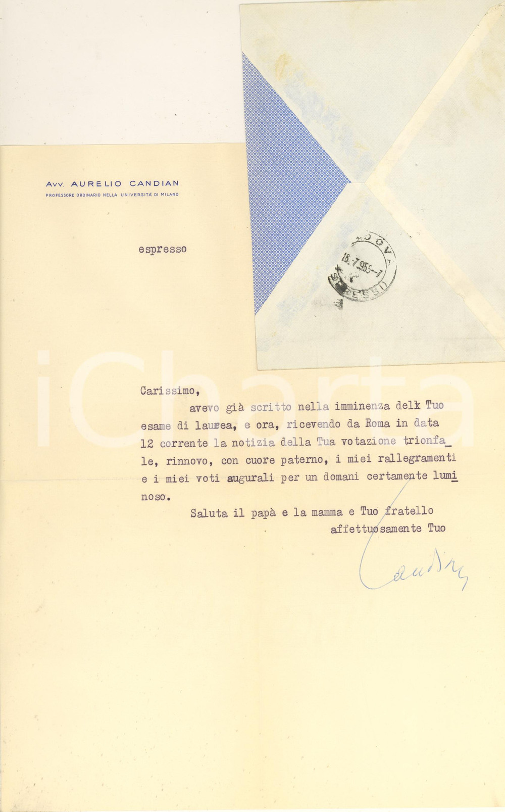 Autografo originale 1955 MILANO Lettera Aurelio CANDIAN  Congratulazioni Autografo 1