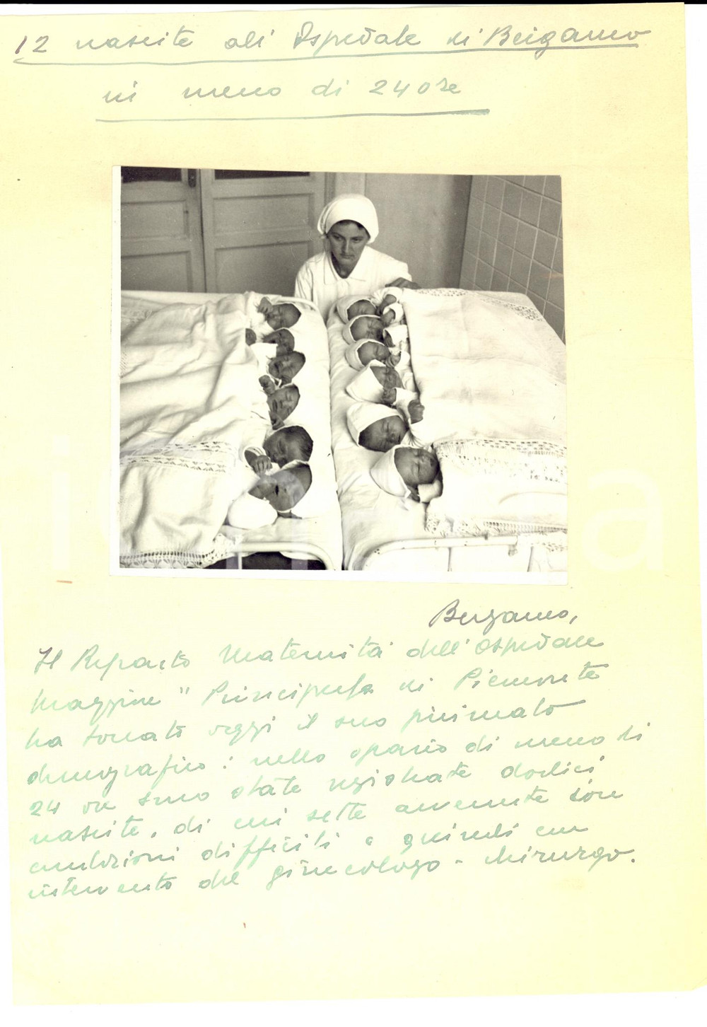 Fotografia d epoca originale 1938 BERGAMO Ospedale PRINCIPESSA DI PIEMONTE 12 nascite in 24 ore Foto 11 x 10 1