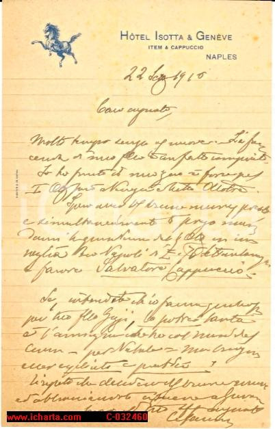 Manoscritto, lettera originale 1916 NAPOLI Hotel ISOTTA & GENEVE  ITEM & CAPPUCCIO  Lettera 1