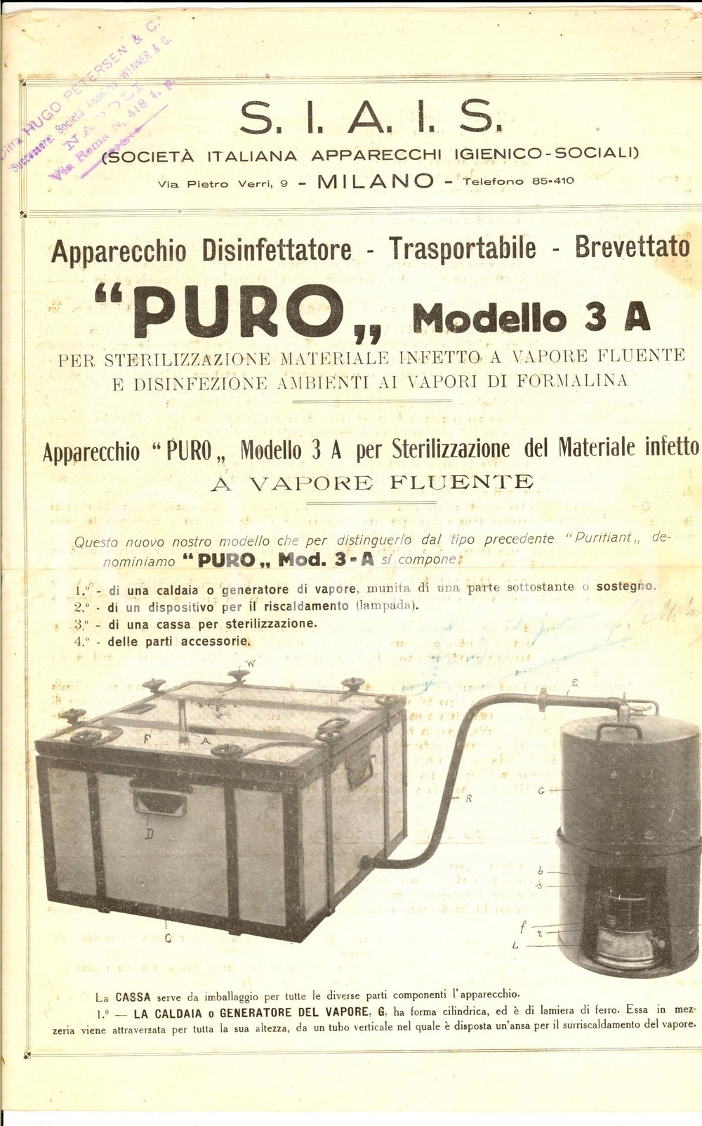Materiale pubblicitario d’epoca 1930 ca MILANO Ditta S.I.A.I.S Apparecchio Disinfettatore PURO *Pubblicitario 1
