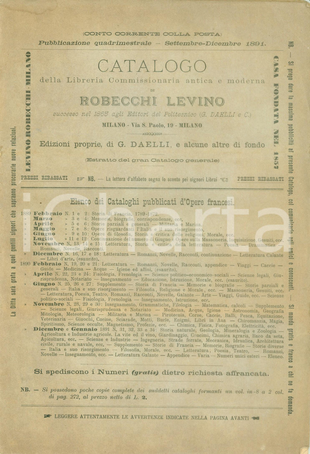 Libro, pubblicazione d epoca 1891 MILANO Catalogo Libreria antica e moderna ROBECCHI LEVINO Edizioni proprie 1