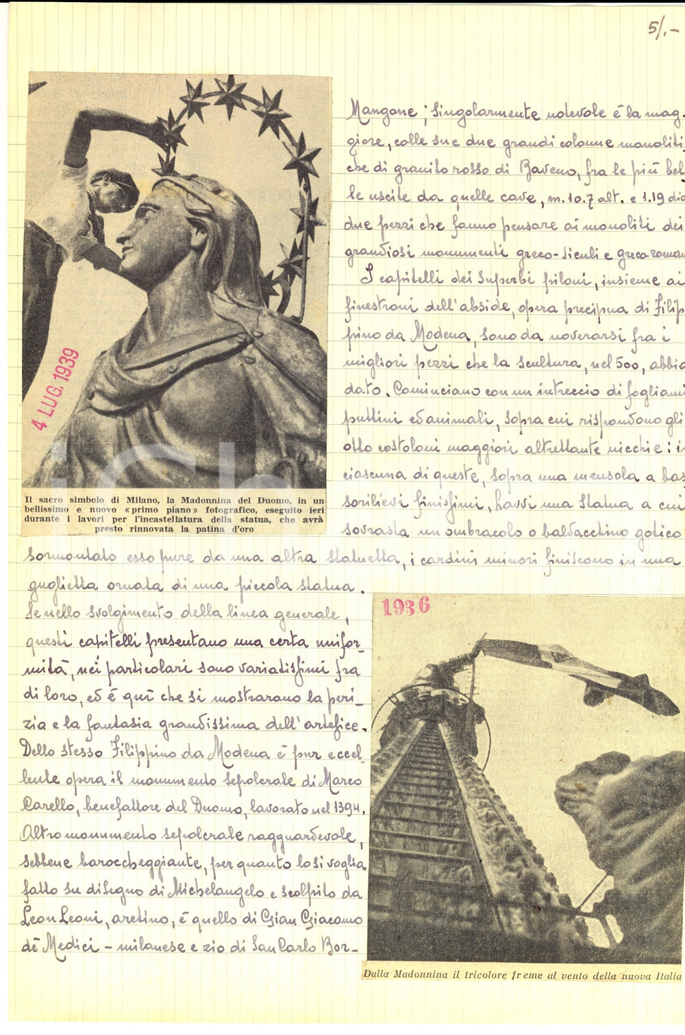 Oggetto da collezione cartaceo 1952 MILANO Il Duomo Fascicolo manoscritto per enciclopedia 36 pp. 1