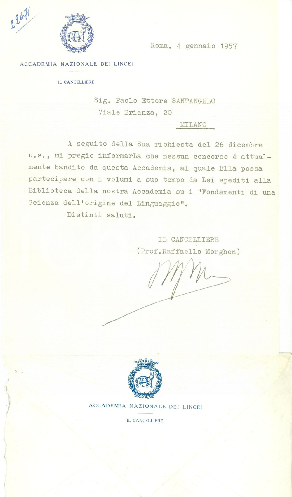 Autografo originale 1957 ROMA Raffaello MORGHEN Accademia LINCEI non bandisce concorsi *AUTOGRAFO 1