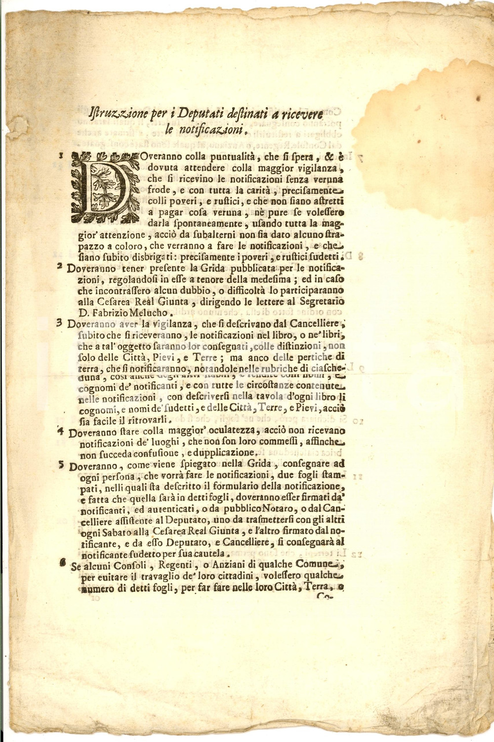 Documento originale, autentico 1700 MILANO Istruzioni per Deputati alle notificazioni 1