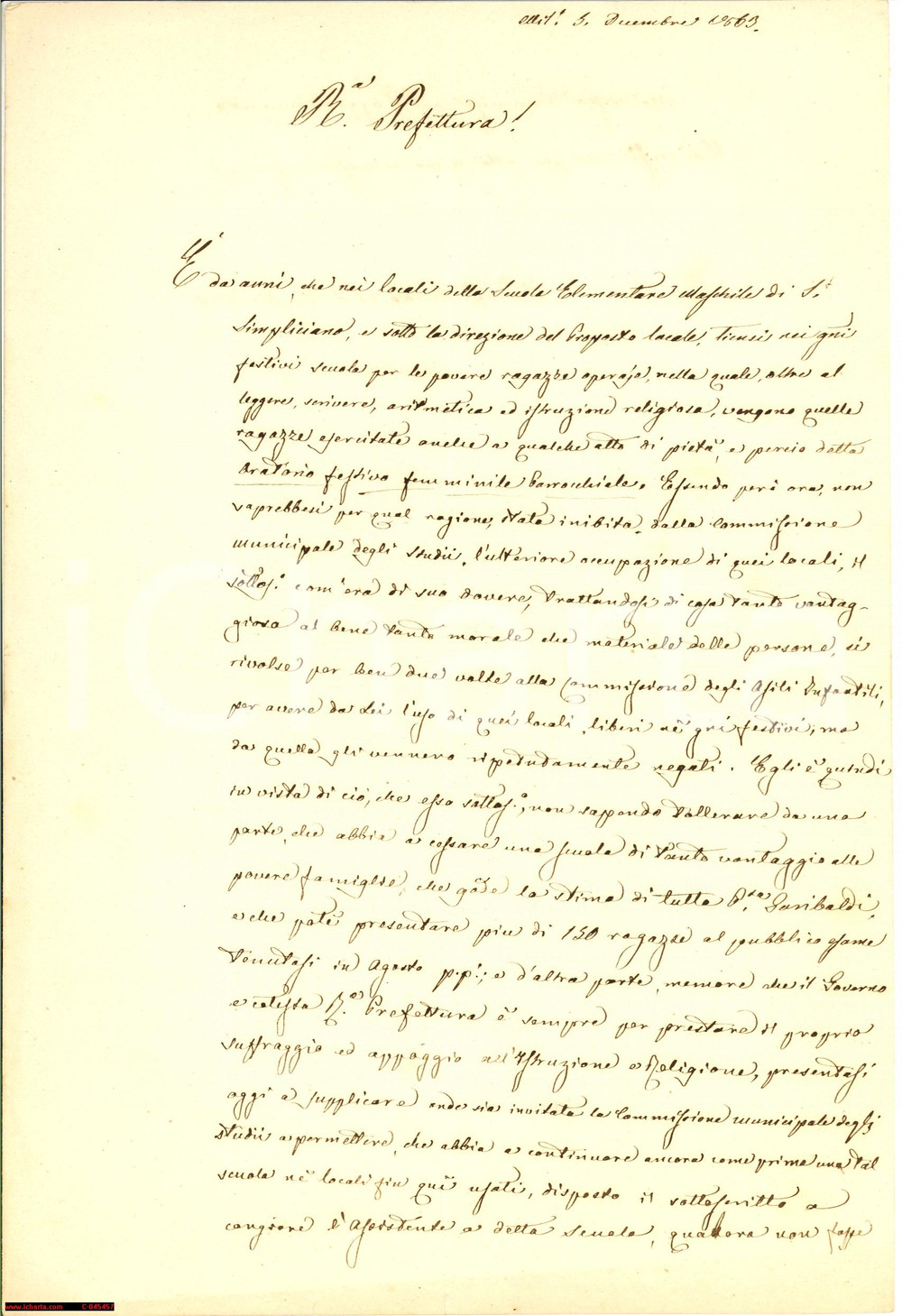 Manoscritto, lettera originale 1863 MILANO sfratto scuola povere operaie S.SEMPLICIANO 1