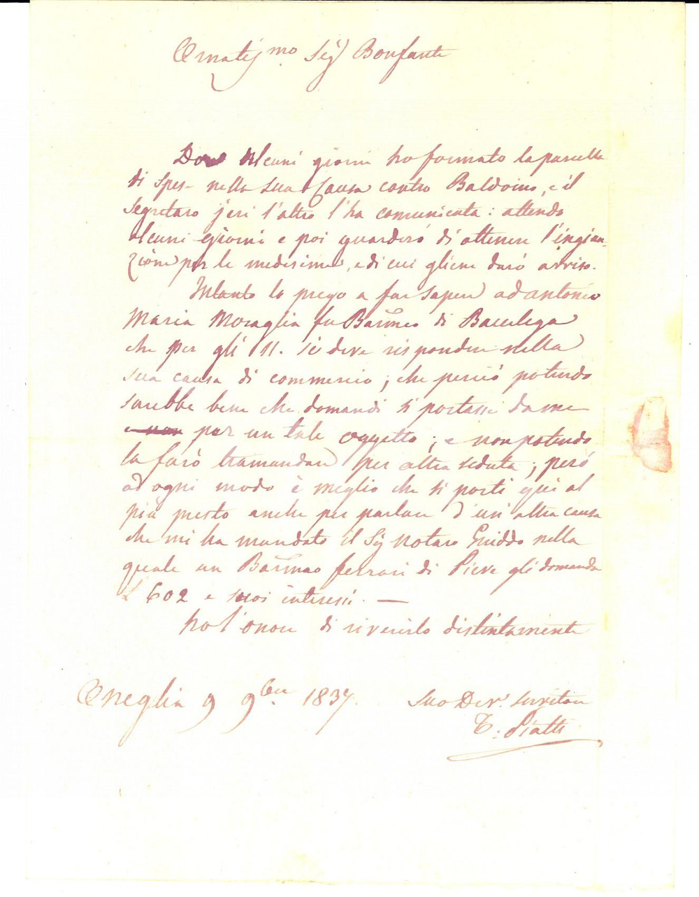 1837 ONEGLIA Lettera avvocato Tommaso PIATTI su lite Antonio Maria MORAGLIA CONDIZIONI: FAIR     originale e autentica 1