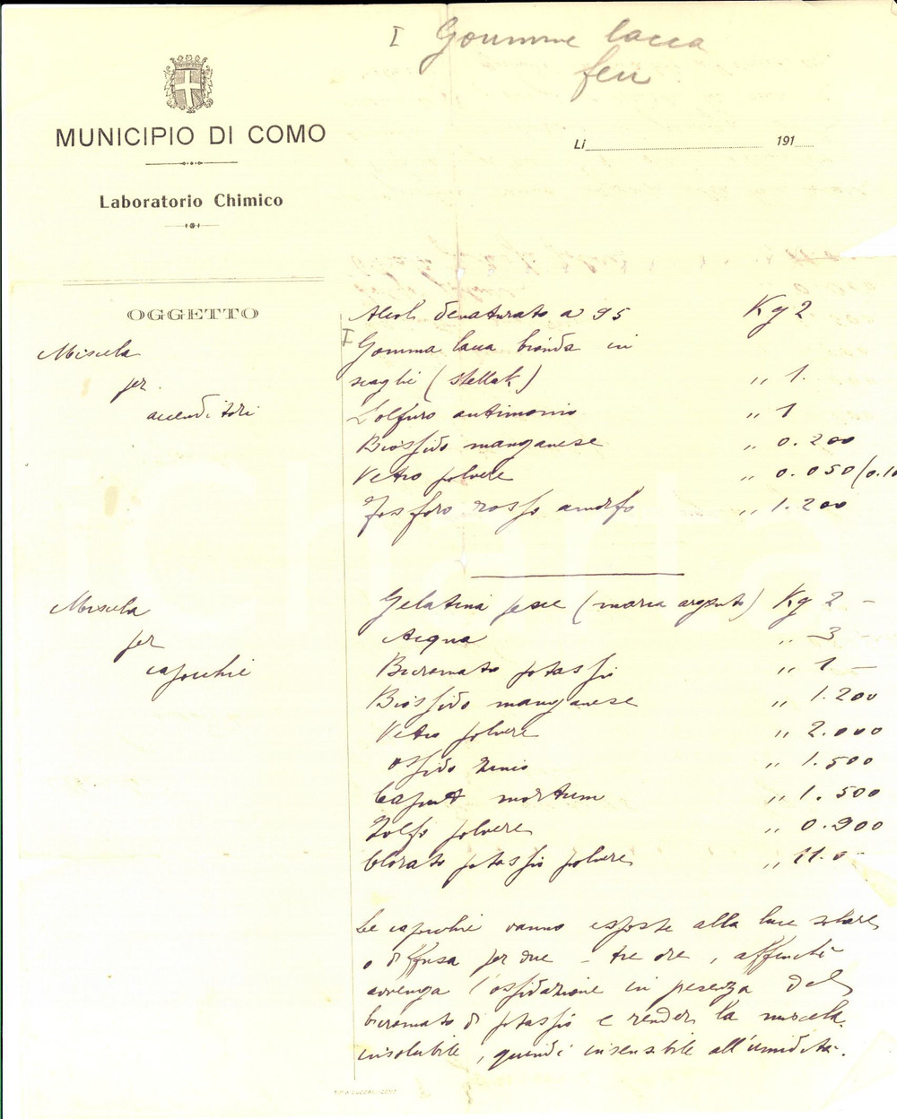 Documento originale, autentico 1910 ca COMO Laboratorio chimico  Appunti su miscela per capocchie Manoscritto 1
