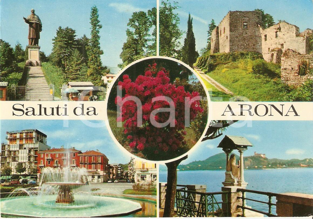 Cartolina originale da collezione 1969 ARONA (NO) Vedutine con Lago Maggiore e San Carlone *Cartolina FG VG 1