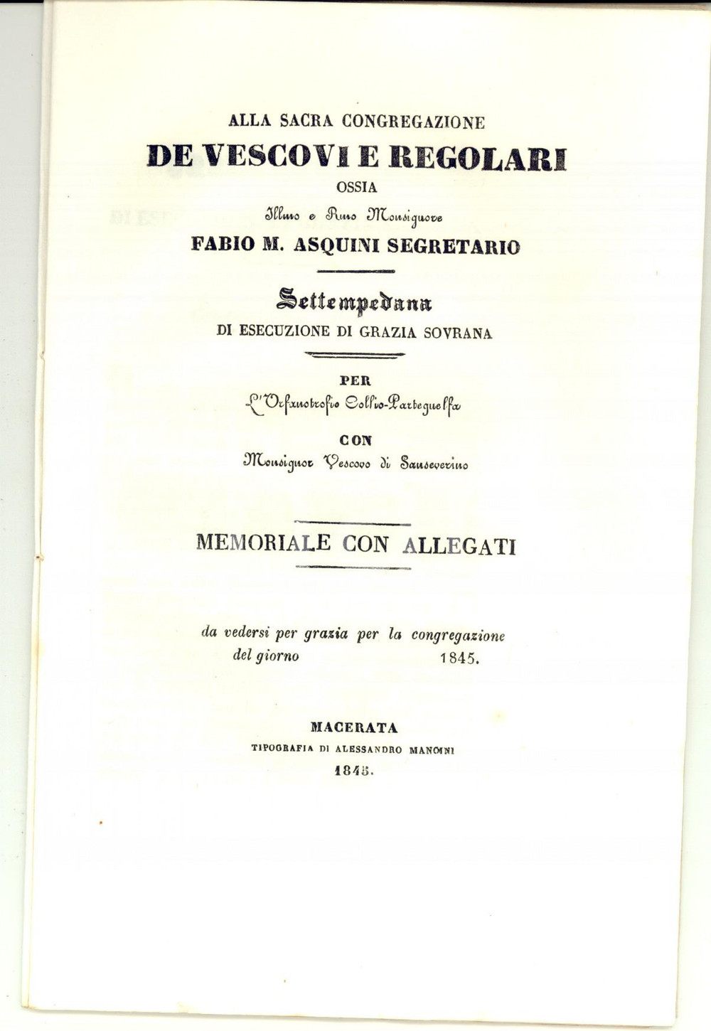 Libro, pubblicazione d epoca 1845 MACERATA Settempedana di grazia pro orfanotrofio COLLIO  PARTEGUELFA 1
