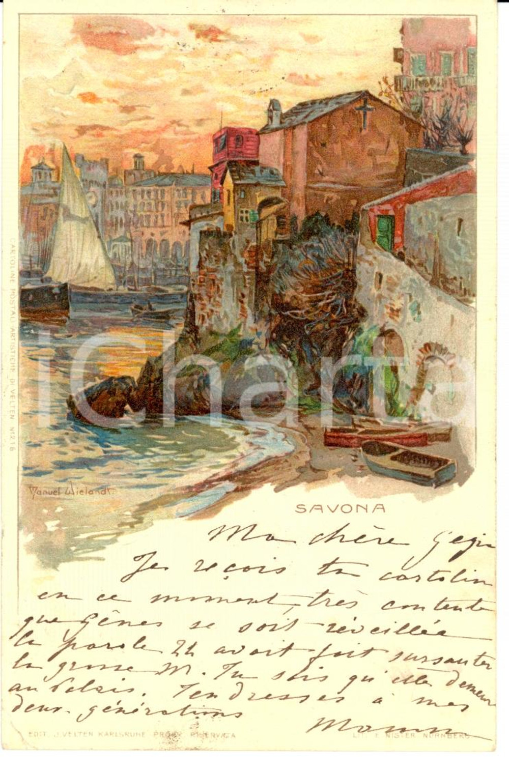 Autografo originale 1900 SAVONA Costanza MALASPINA DI CARBONARA su cartolina Manuel WIELANDT FP VG 1