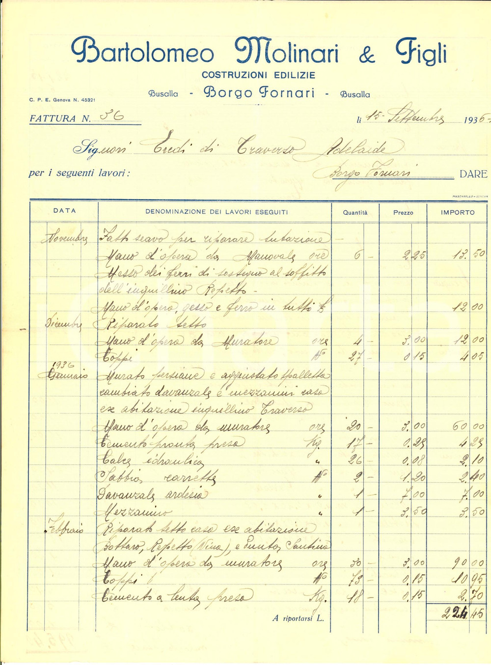 Documento originale, autentico 1936 BUSALLA GE Bartolomeo MOLINARI & Figli  Costruzioni edilizie Fattura 1