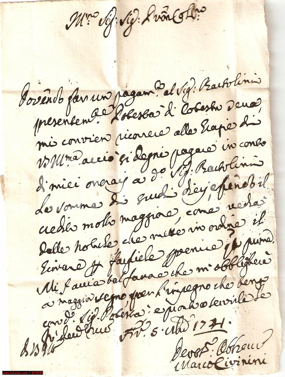 Manoscritto, lettera originale 1741 CASTIGLION FIORENTINO Marco CIVININI vuole onorari 1