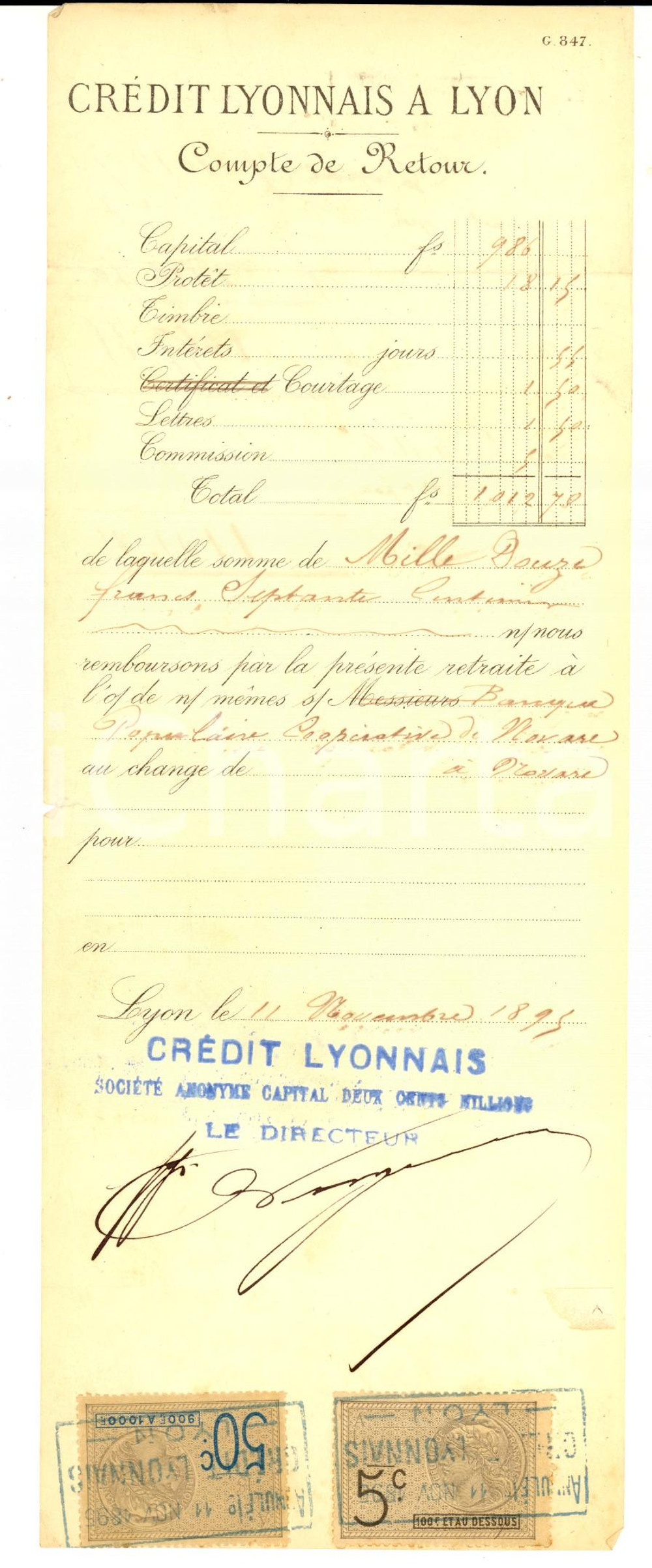 Documento originale, autentico 1895 LYON CREDIT LYONNAIS Compte de retour  pour Banca Popolare NOVARA 1