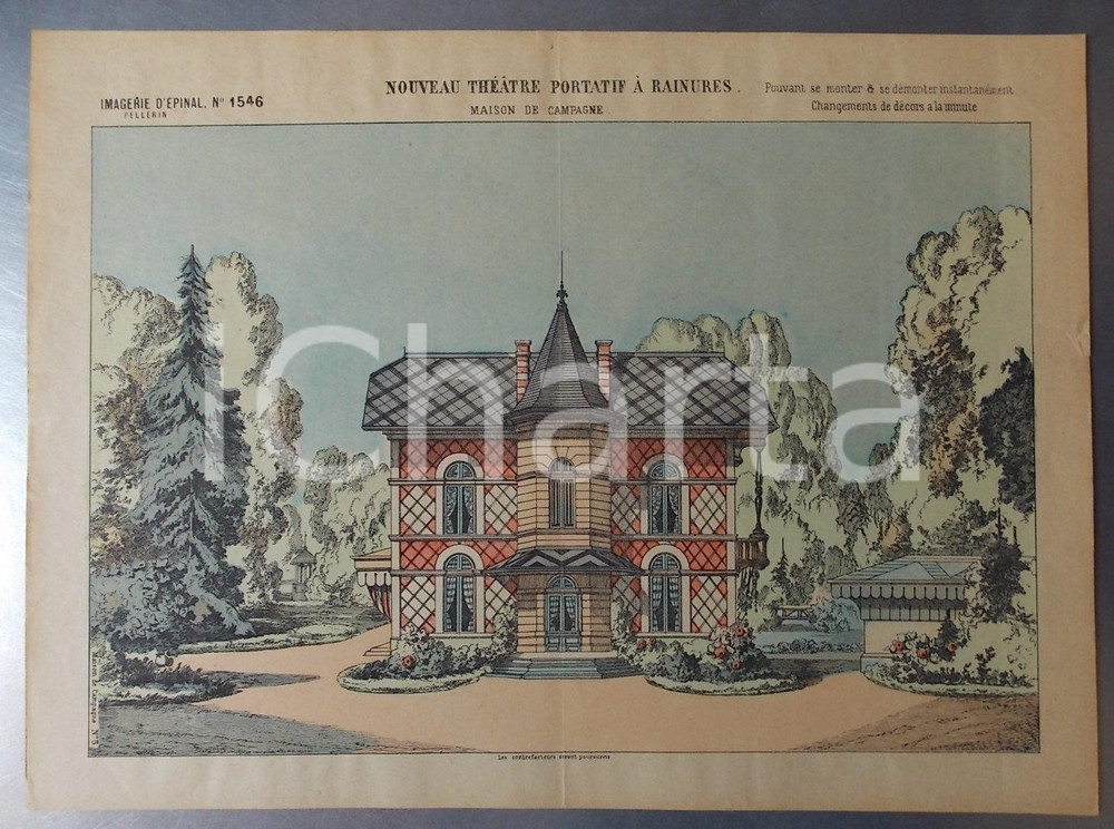 Stampa, bozzetto originale 1870 ca EPINAL Nouveau thÃ©atre portatif Ã  rainures  Maison de campagne PELLERIN 1