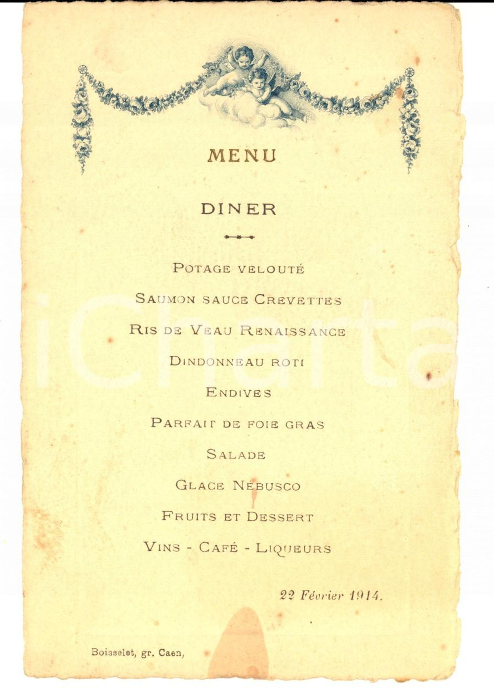 Oggetto da collezione cartaceo 1914 CAEN (F) Menu d'un restaurant pour un diner *VINTAGE 10x15 cm 1