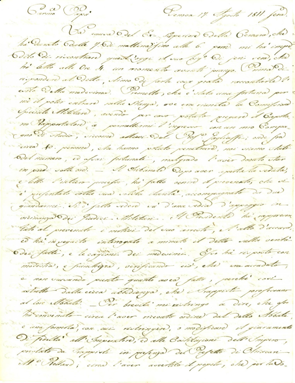 Documento originale, autentico 1811 GENOVA Esilio a Superiore trappista ABBAZIA CERVARA infedele all Imperatore 1