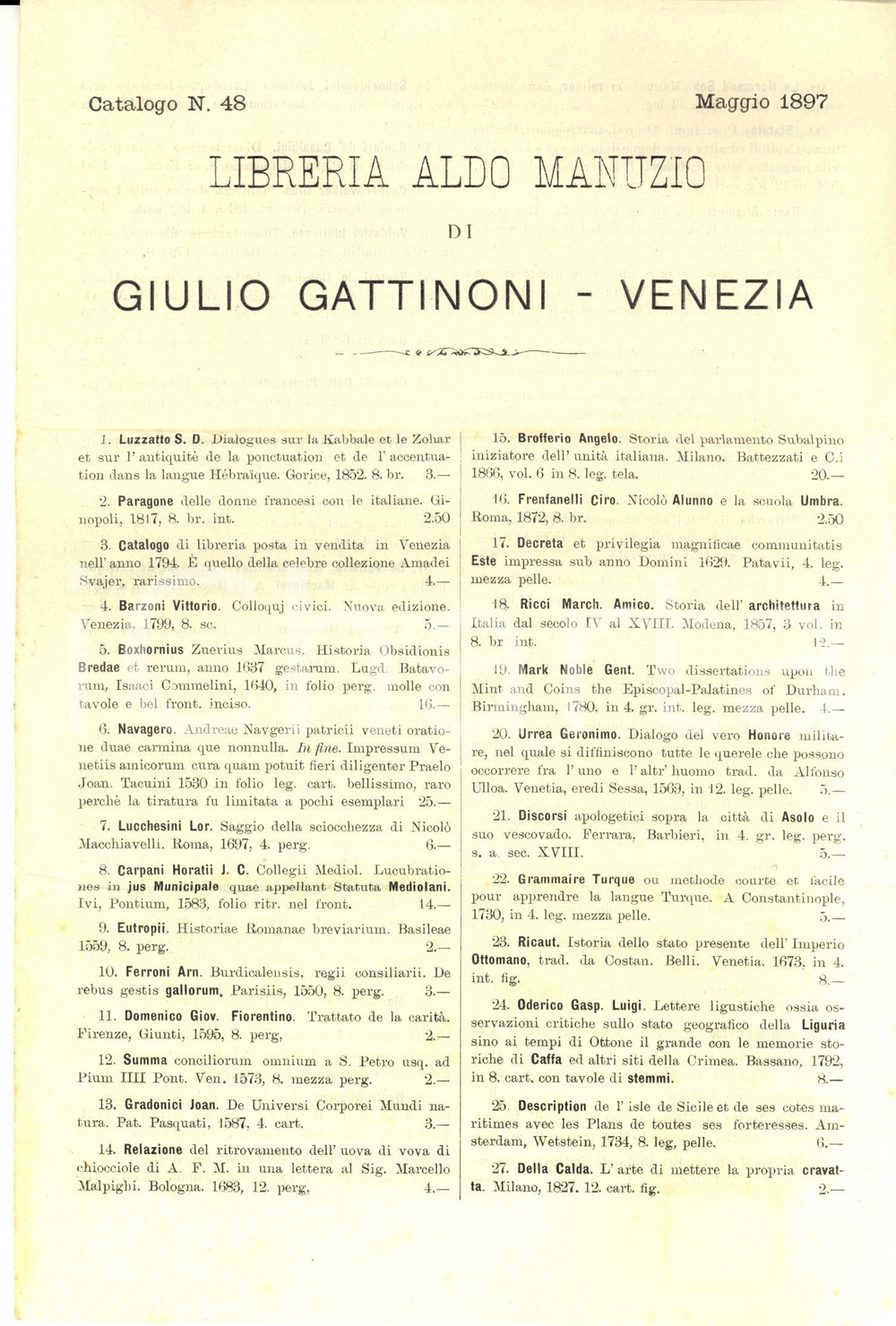 Documento originale, autentico 1897 VENEZIA Libreria Aldo MANUZIO di Giulio GATTINONI Catalogo n. 48 1
